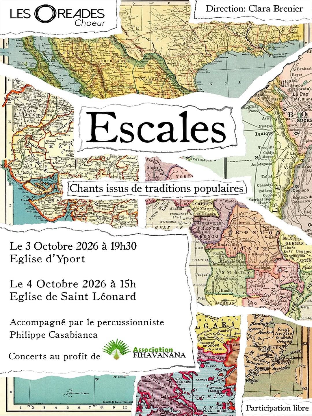 Affiche du concert « Escales » : chants issus de traditions populaires, 3 octobre 2026 à 19 h 30 à l'église d'Yport et 4 octobre 2026 à 15 h à l'église de Saint-Léonard, participation libre.